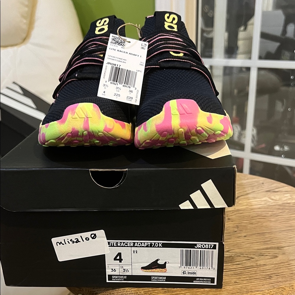 adidas Kids Navy Sneakers with Pink & Yellow Green Marbled Sole